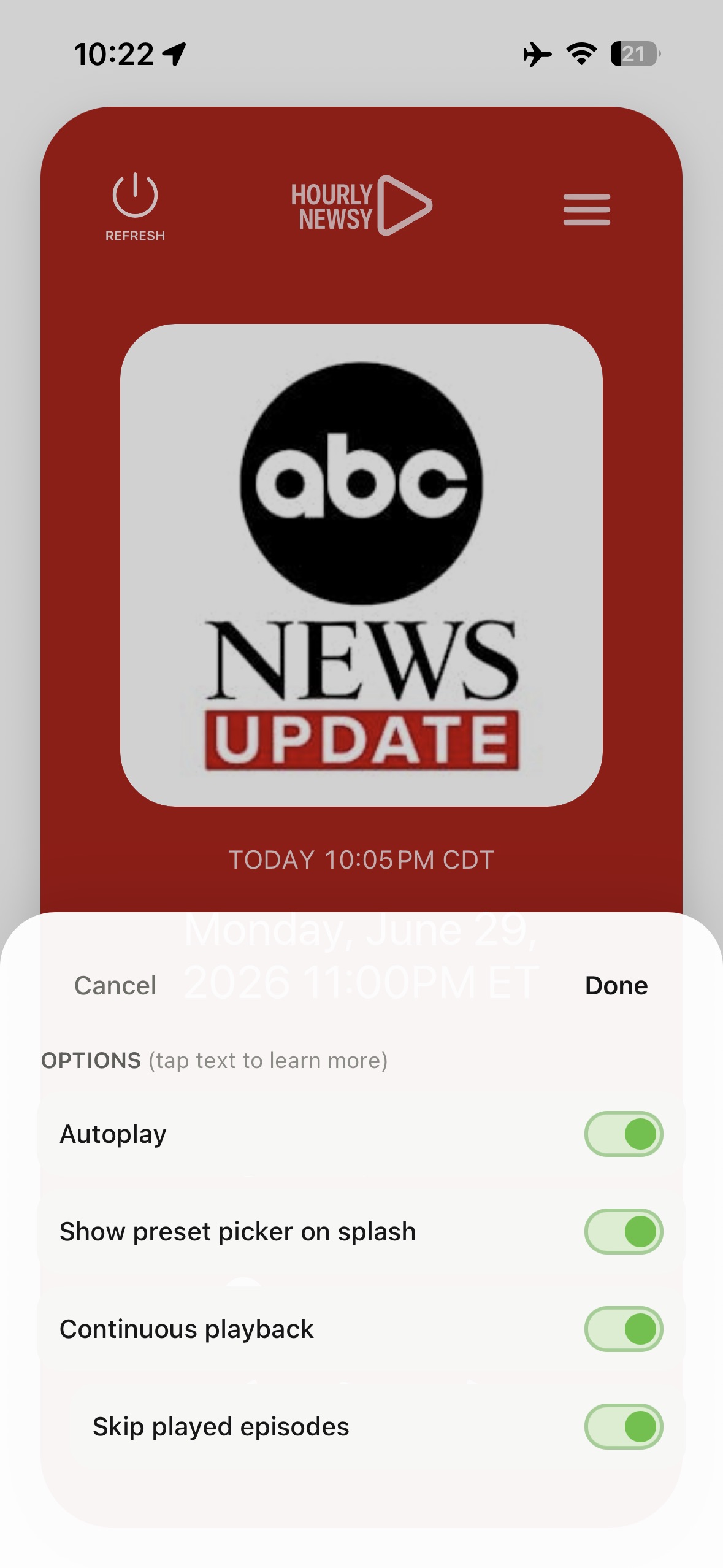 Options panel screen