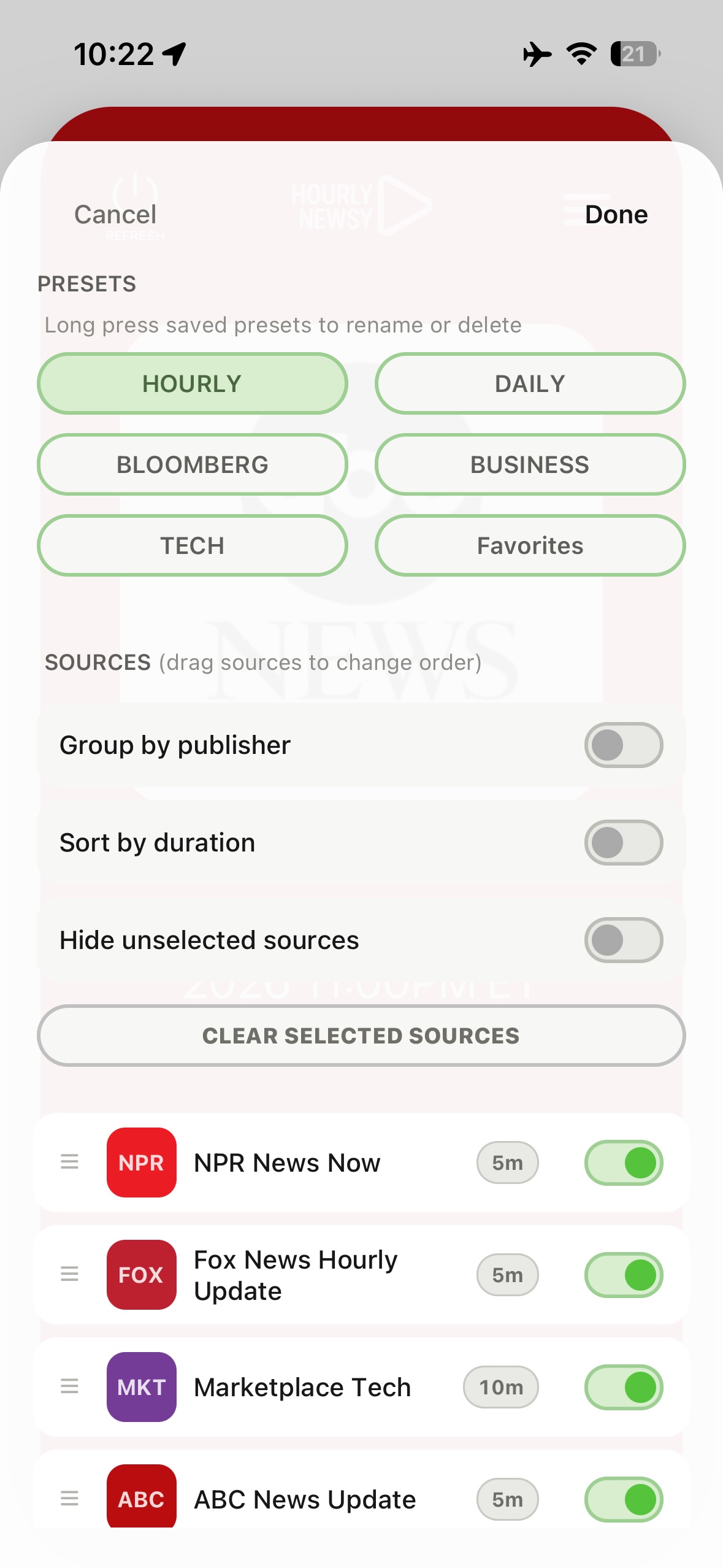 Sources panel screen